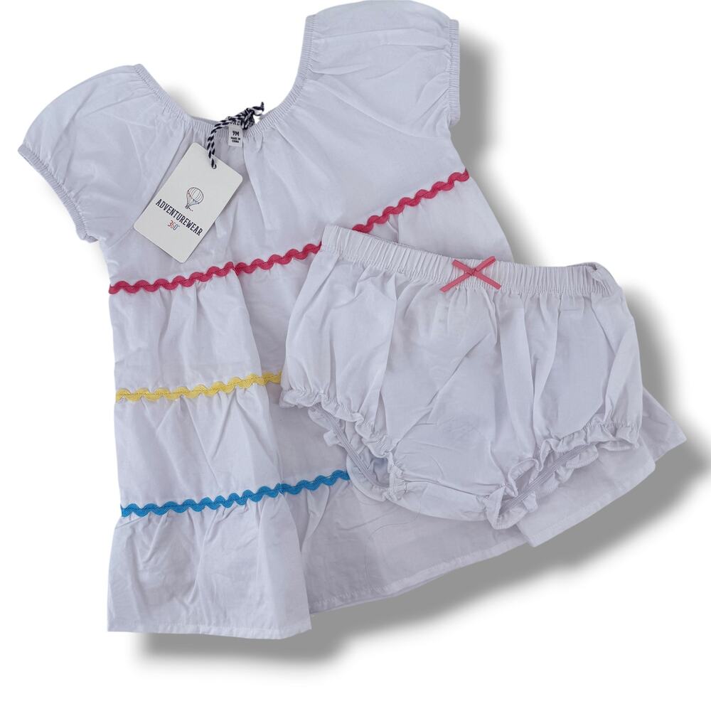 AdventureWear 360 Baby Girls Dress Bloomer Set Sz 9 Mos White Ric Rac Summer